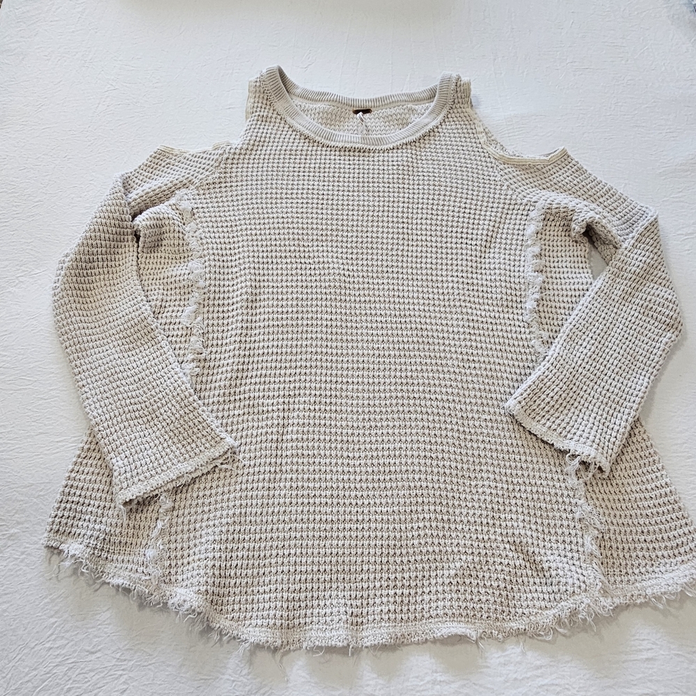 Free People Open Shoulder Waffle Knit Cream Sweater Size Large - Picture 4 of 13